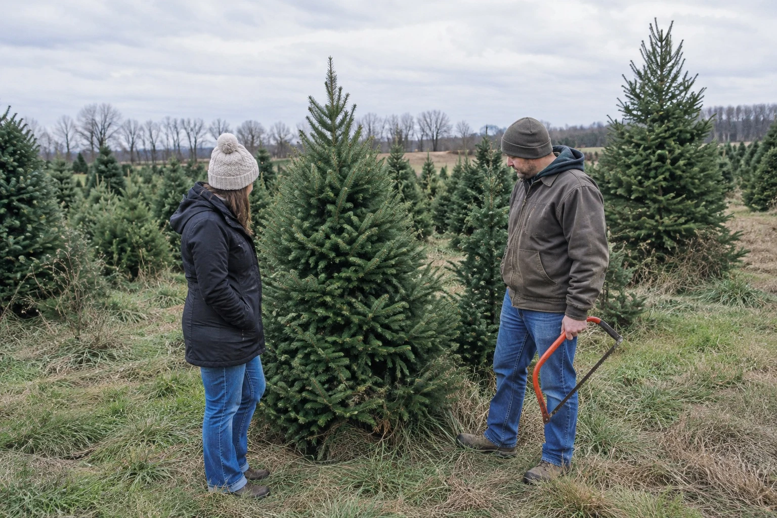 Two visitors choosing a fir tree in a Christmas tree field