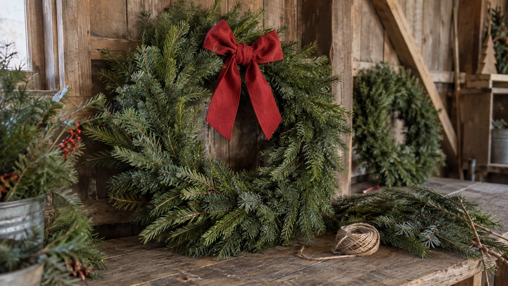 Fresh evergreen wreath with a red bow on a rustic wooden table