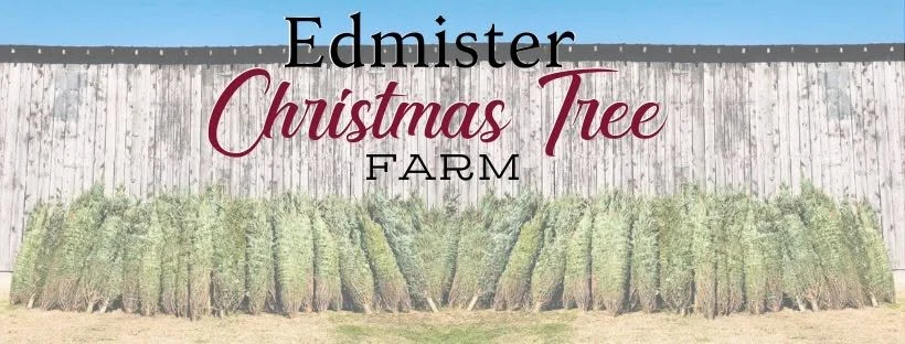 Pre-cut Christmas trees lined against a barn in Edmister Tree Farm’s earlier photographic cover, with the farm name above.
