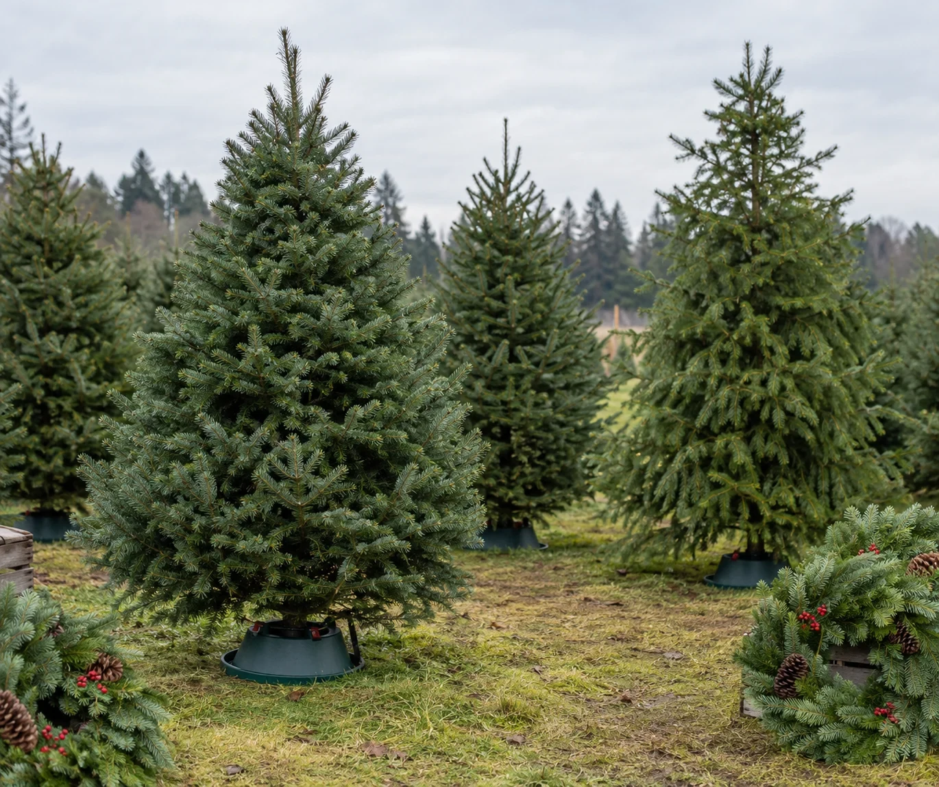 Pre-cut fir trees on water-holding stands.