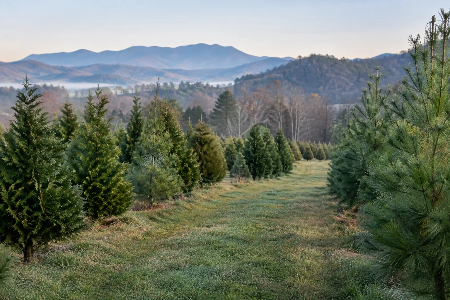 Cypress and pine trees along a mountain field lane.