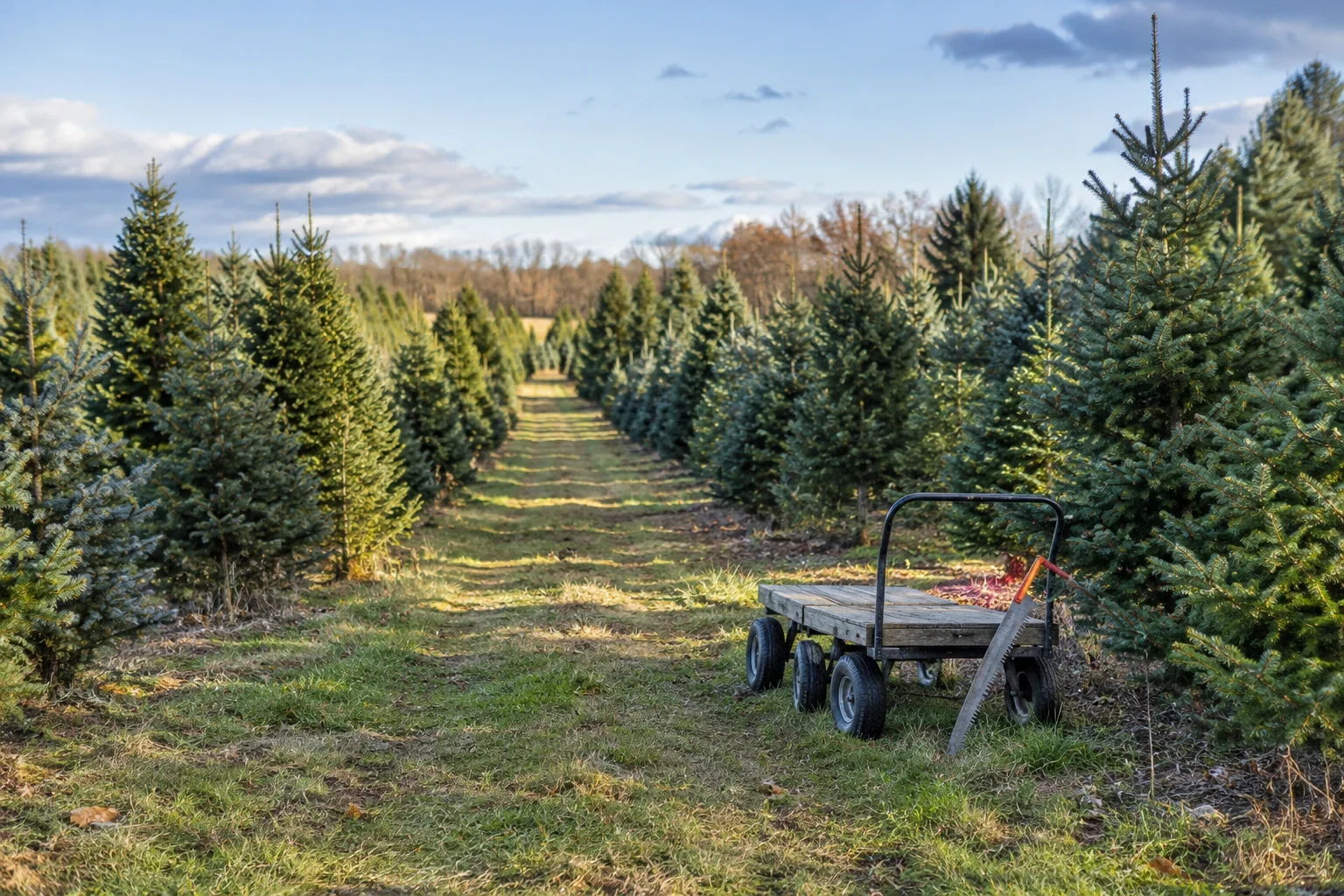 A tree cart beside rows of evergreens.