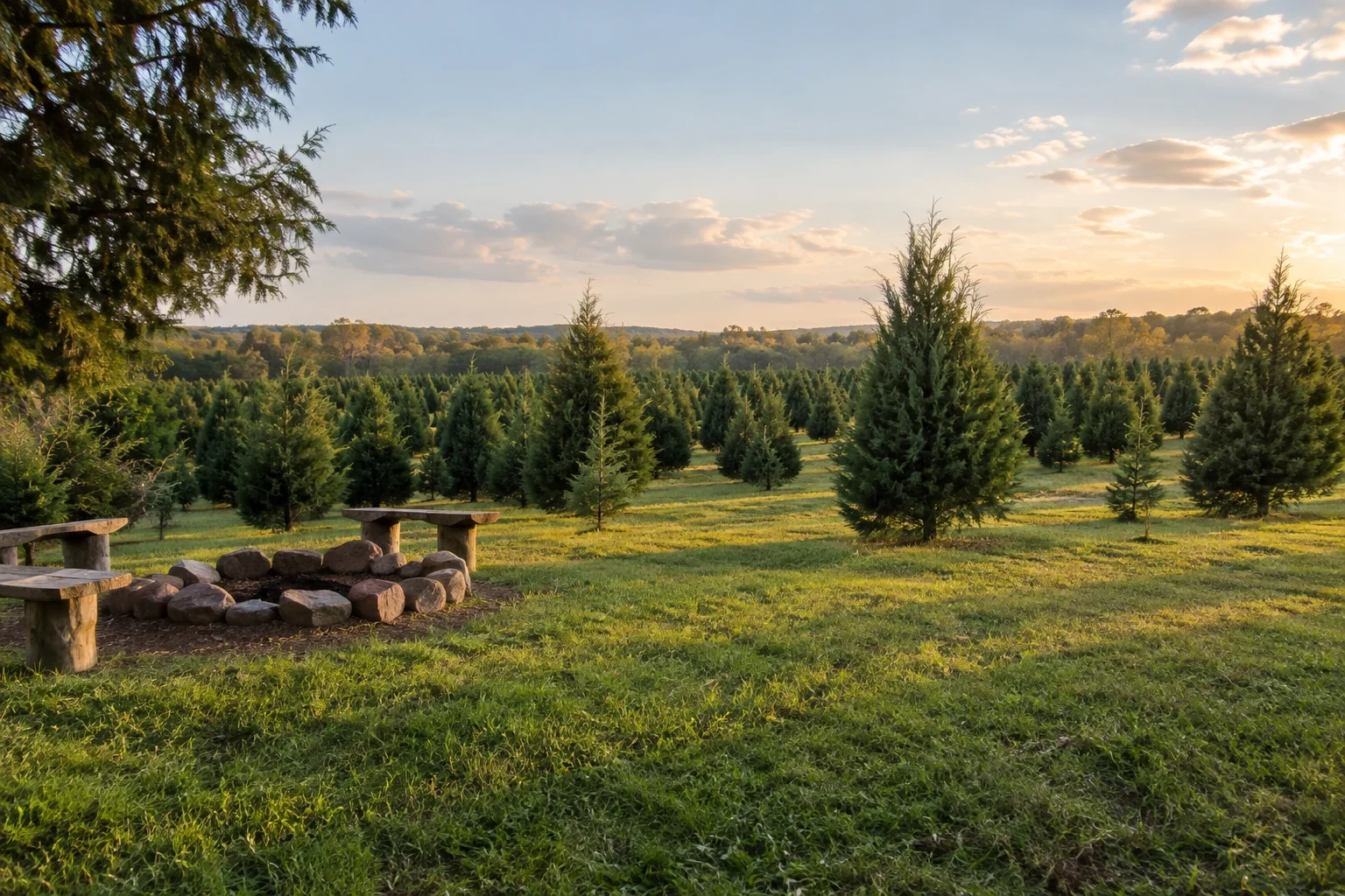 A picnic fire pit beside the tree field.