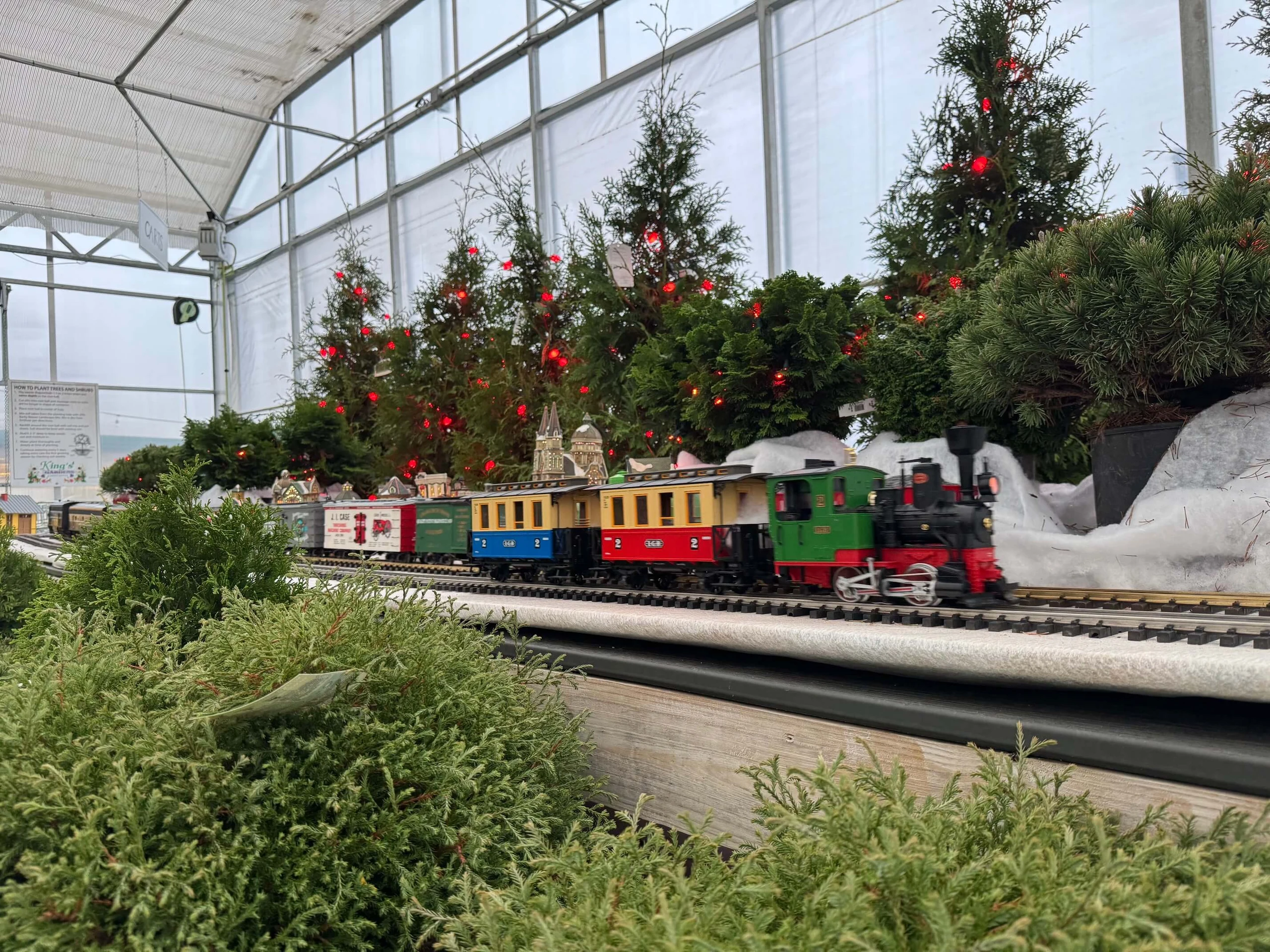 A model train passing decorated evergreens inside the greenhouse at King’s Gardens.