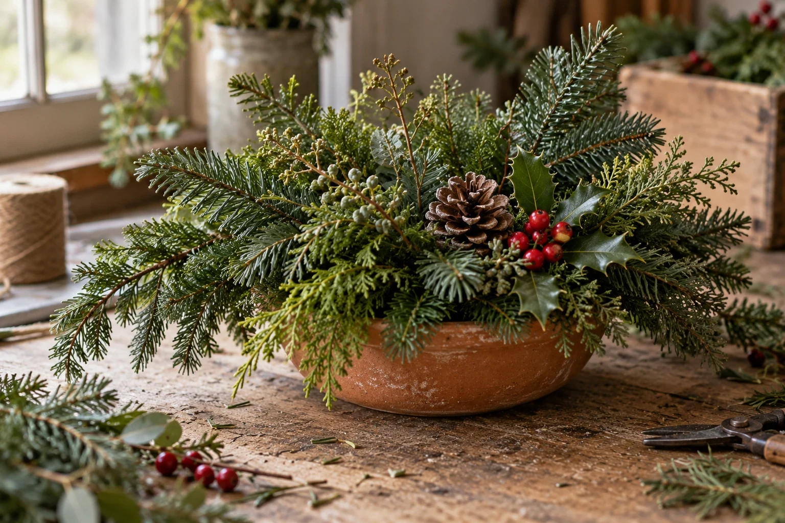 A handmade centerpiece with mixed holiday greenery.