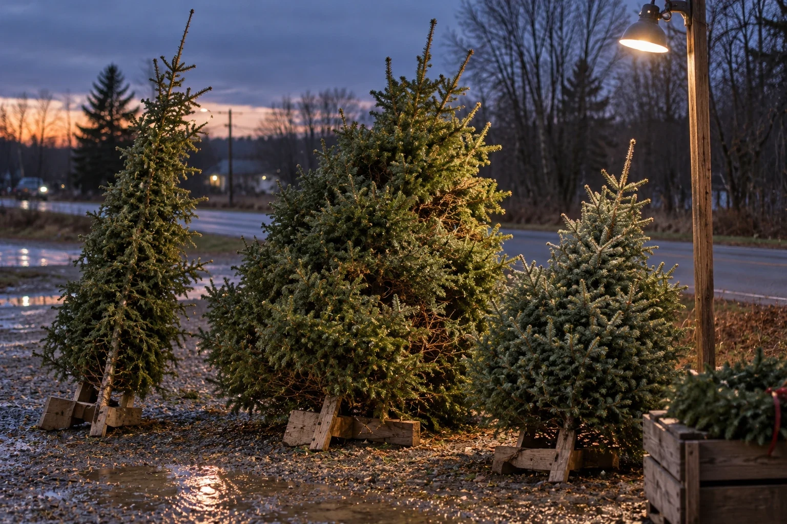 Precut trees ready for roadside holiday shopping.