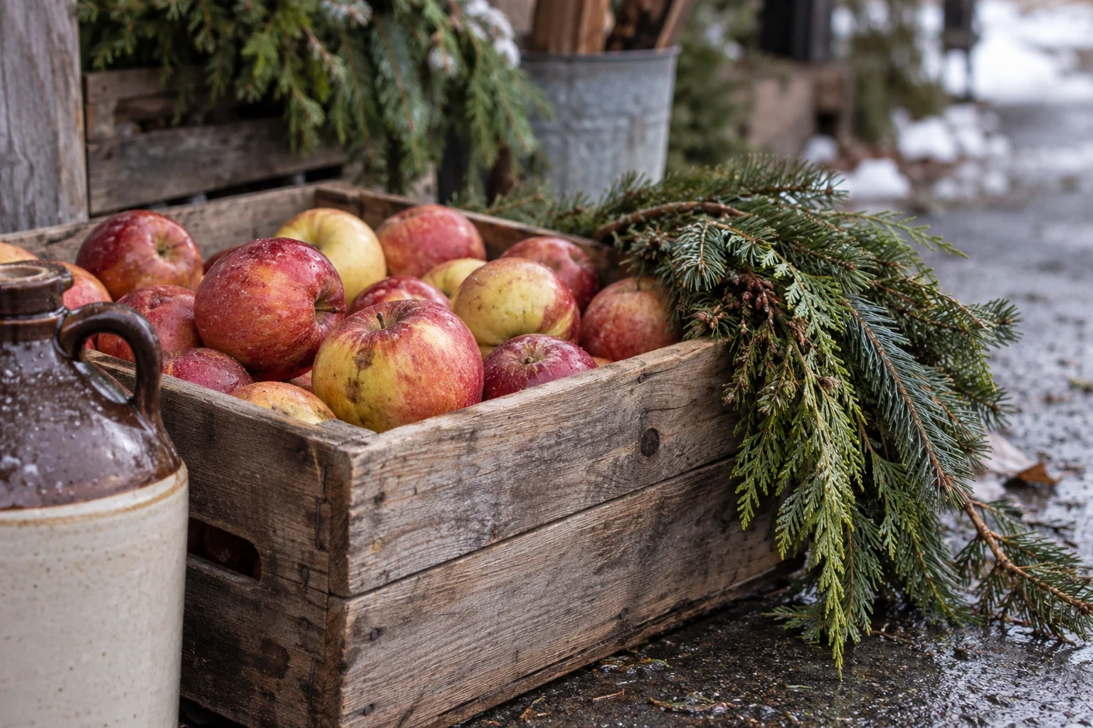 Winter apples, cider and evergreen greenery.