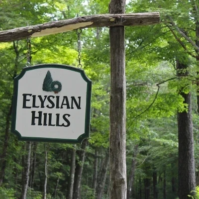 The Elysian Hills Tree Farm sign.