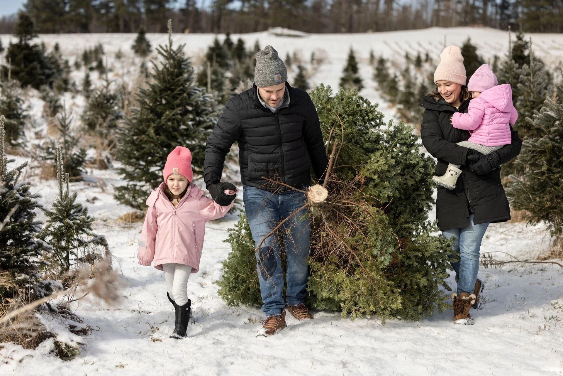 Bringing a tree home from Isham’s snowy fields.