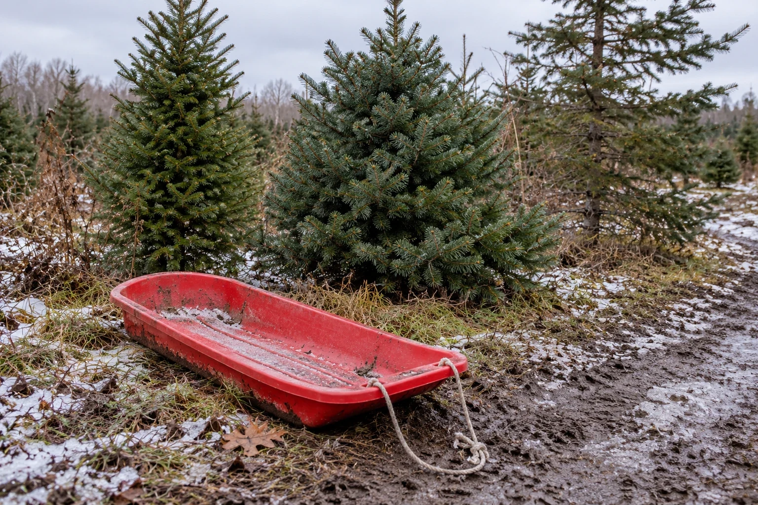 A utility sled beside varied Christmas trees.