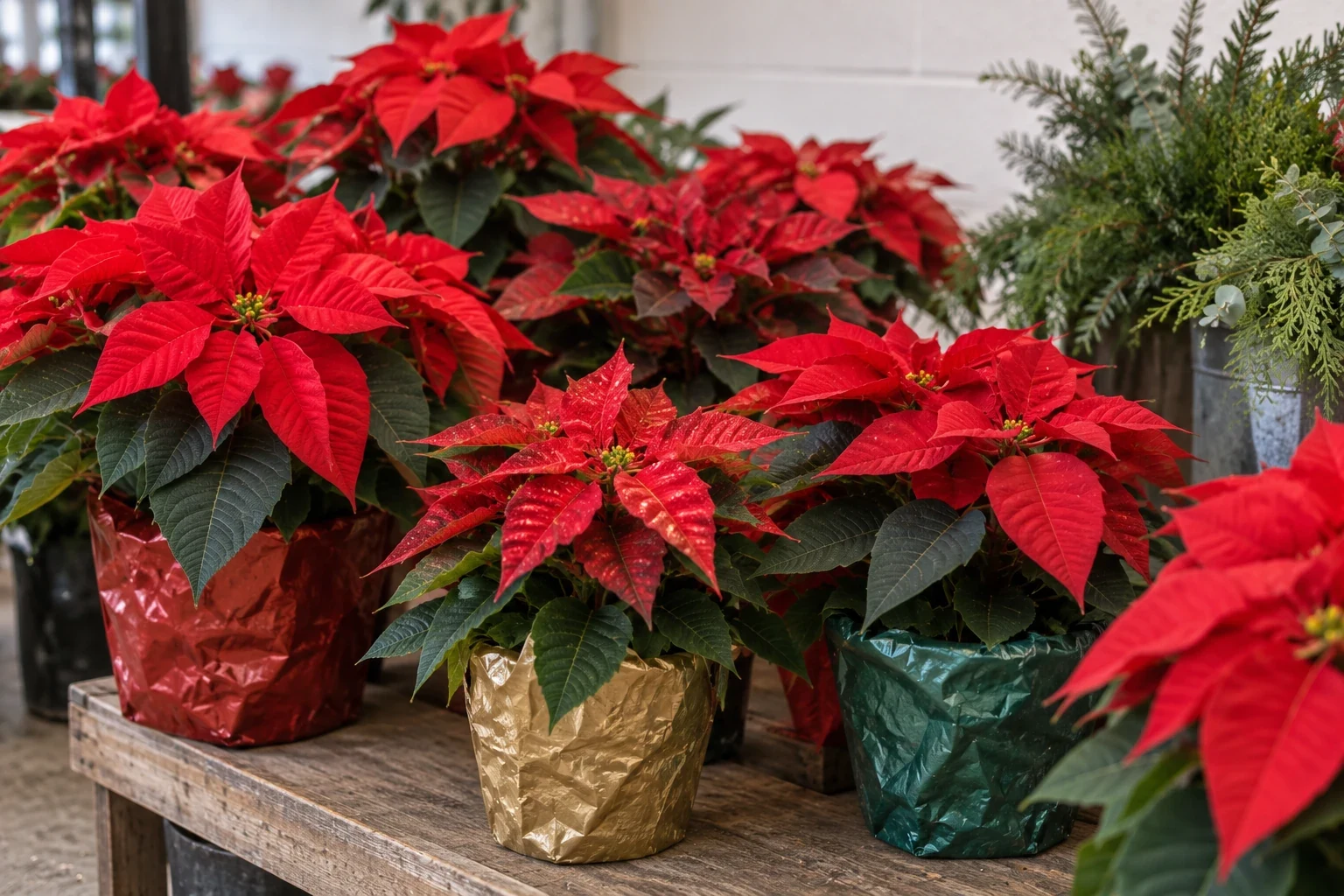 Poinsettias in a holiday market display.