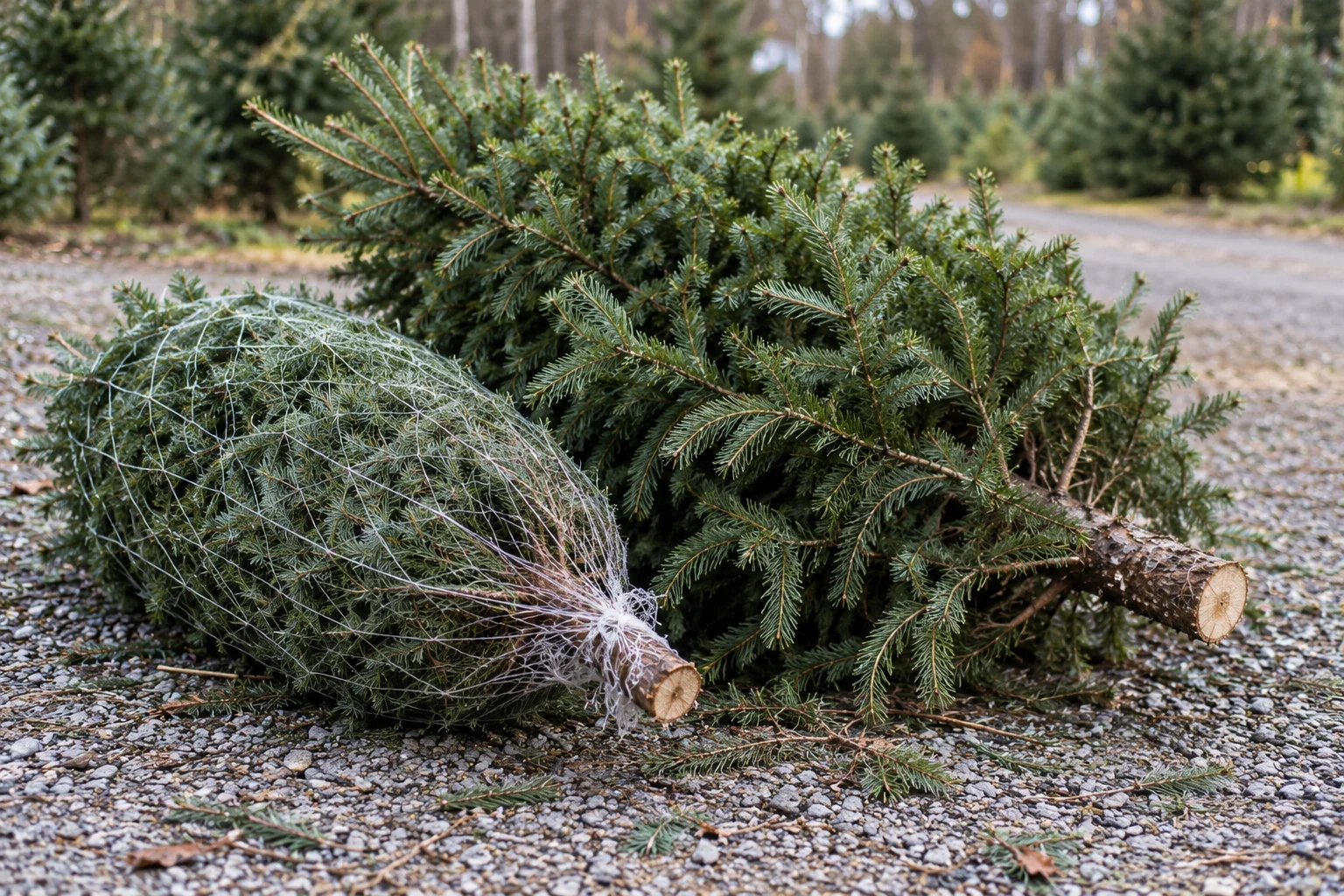 Two freshly cut trees ready for pickup.