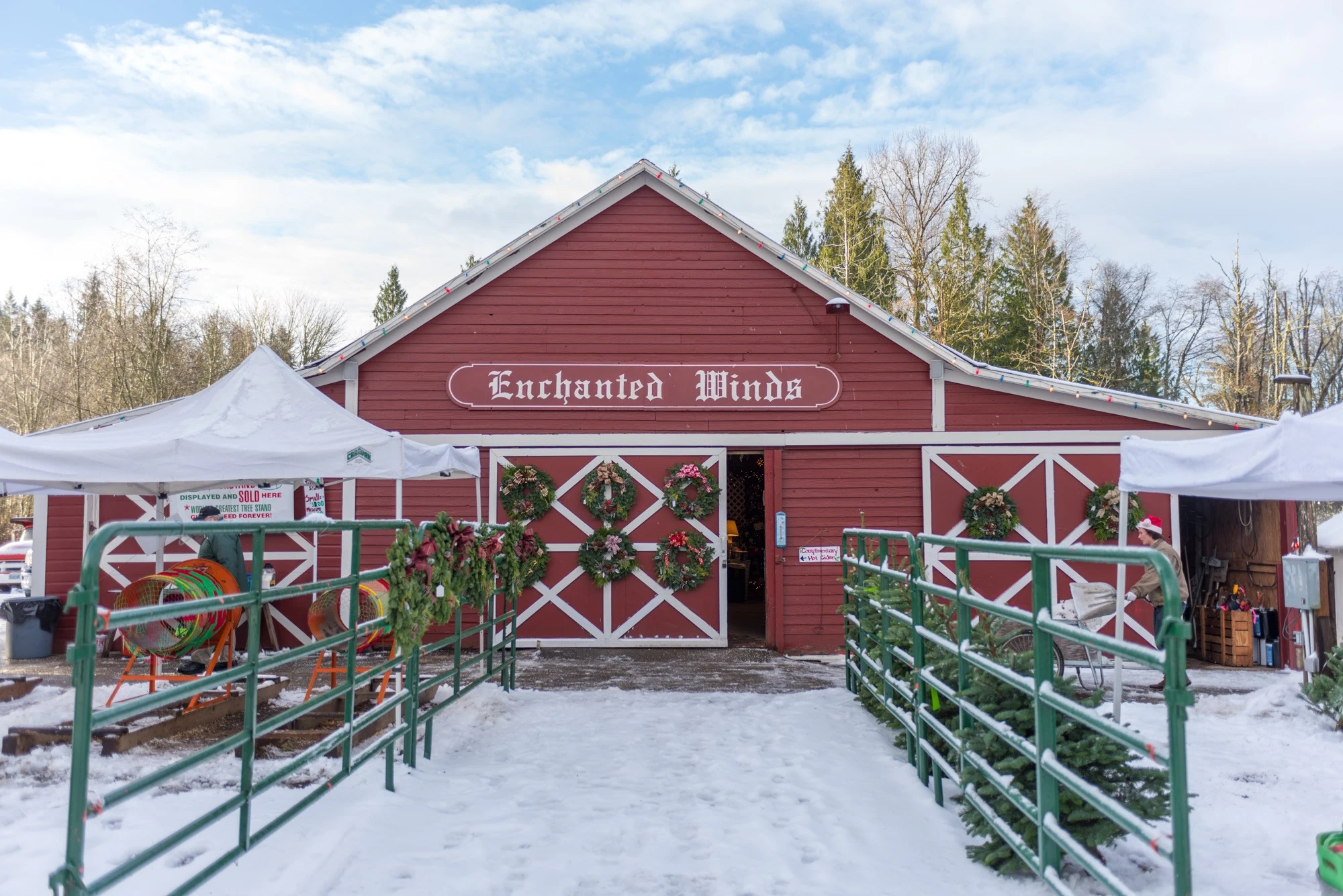 The red barn at Enchanted Winds in winter.