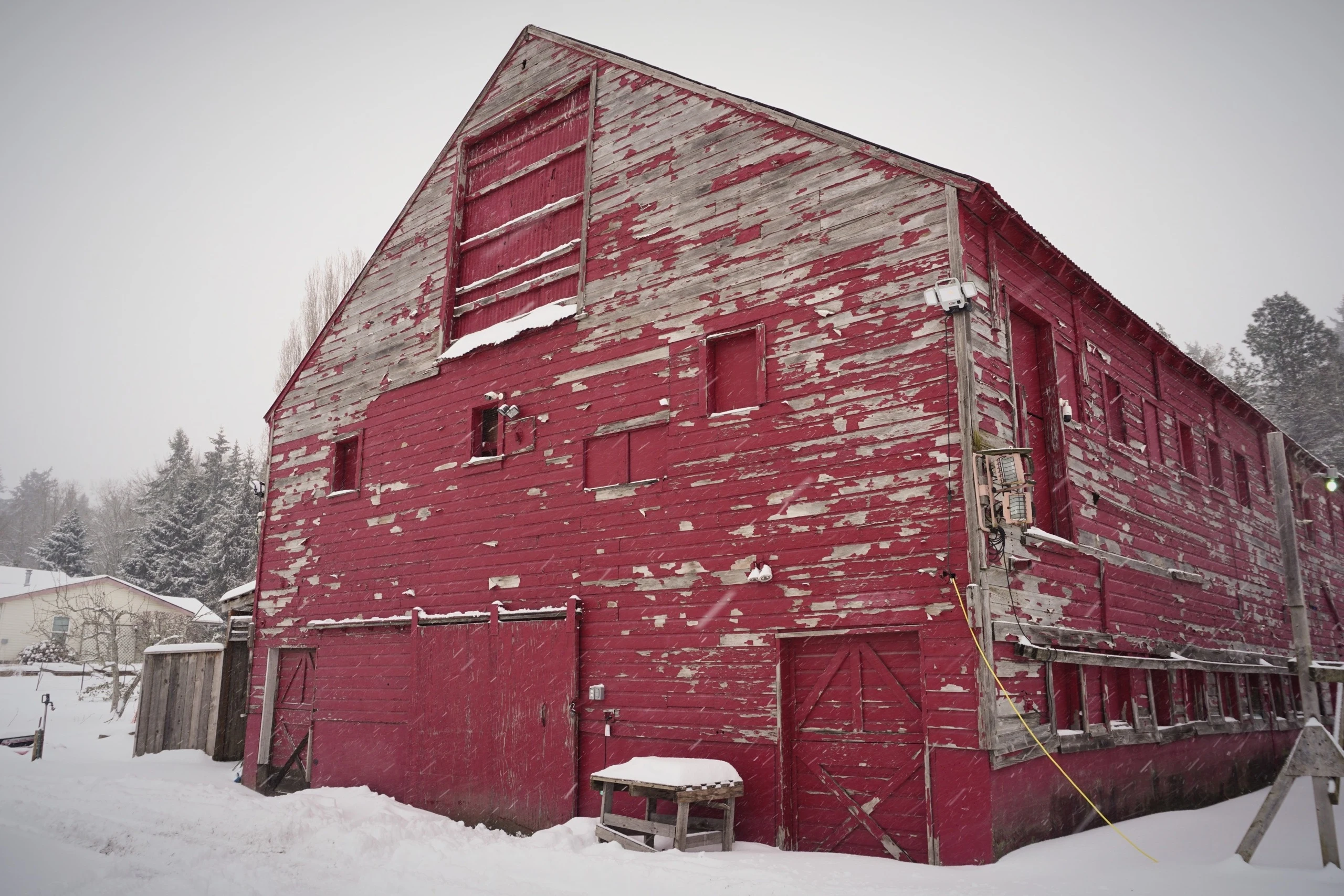 The red barn at McMurtrey Farm in winter.
