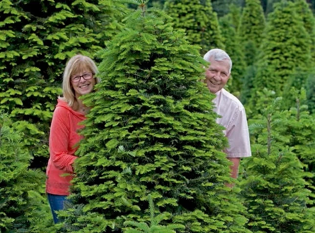 The farm owners beside a tree at The Tree Wisemans.